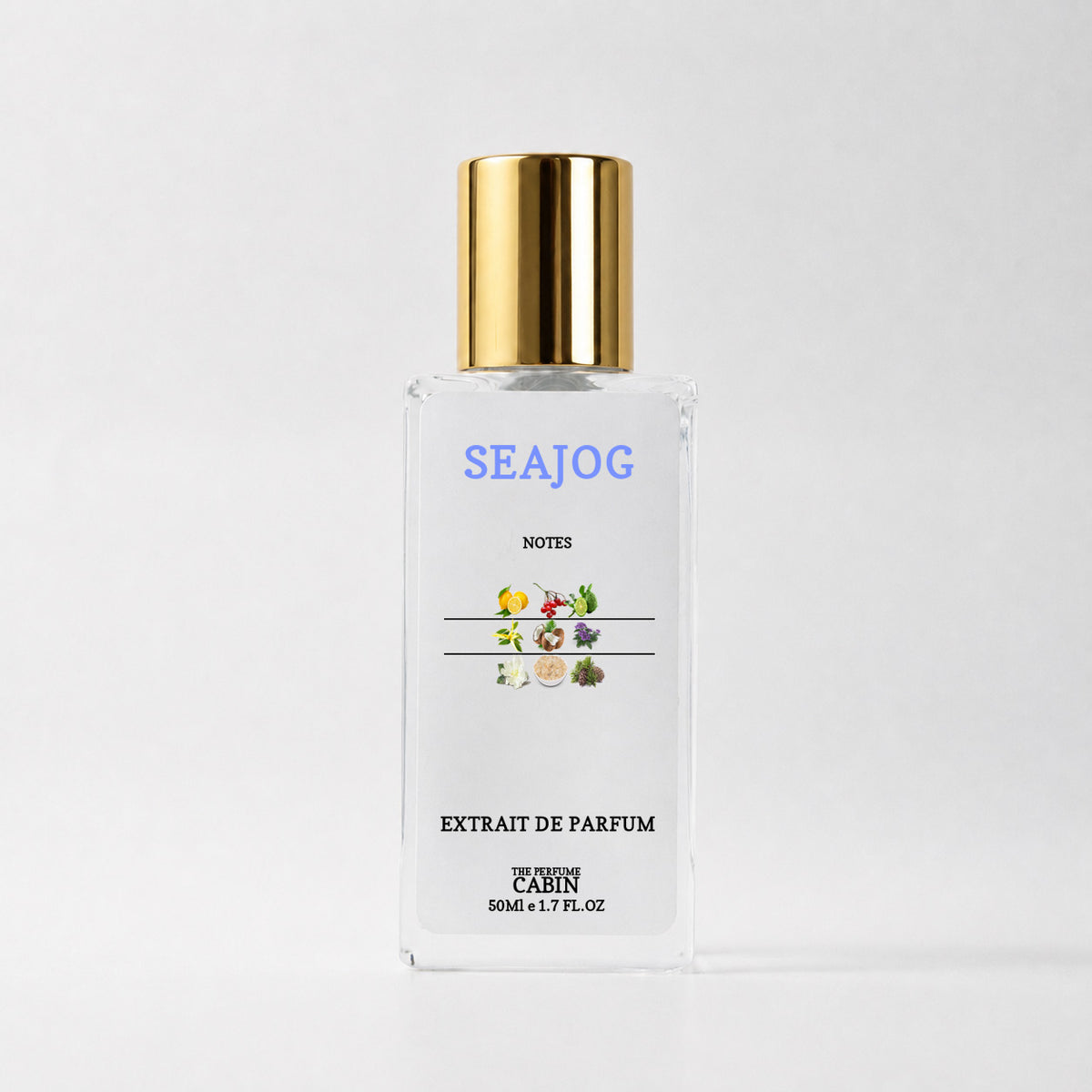 SEAJOG extrait de parfum, glass bottle with gold cap on white - bergamot and coconut milk over ylang ylang and musk, inspired by Maison Margiela Beach Walk