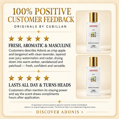 Promotional graphic for Adonis Fragrance by Cubillan, featuring customer feedback text, star ratings, and two product bottles with gold caps on a cream background.