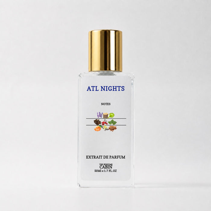 ATL NIGHTS extrait de parfum, glass bottle with gold cap on white - apple, bergamot and lavender over vanilla, patchouli and guaiac wood, inspired by Parfums de Marly Layton