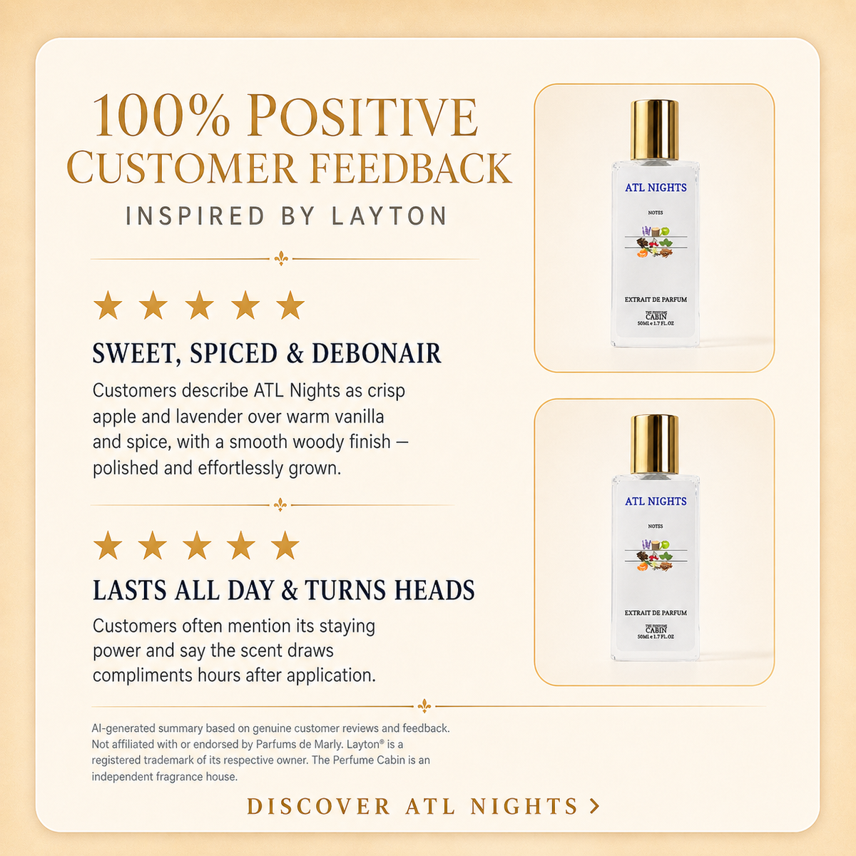 Promotional graphic for ATL NIGHTS fragrance, featuring customer feedback text and two product bottles on a warm beige background. The bottles are clear with white labels and gold caps, labeled 'EXTRACT DE VANILLE' and 'FOND DE PARFUM'.