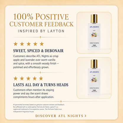Promotional graphic for ATL NIGHTS fragrance, featuring customer feedback text and two product bottles on a warm beige background. The bottles are clear with white labels and gold caps, labeled 'EXTRACT DE VANILLE' and 'FOND DE PARFUM'.