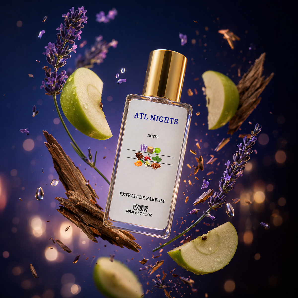 A clear rectangular perfume bottle labeled ATL NIGHTS NOTES with a gold cap, floating against a dark blue background with floating lavender sprigs, apple slices, and wood pieces.
