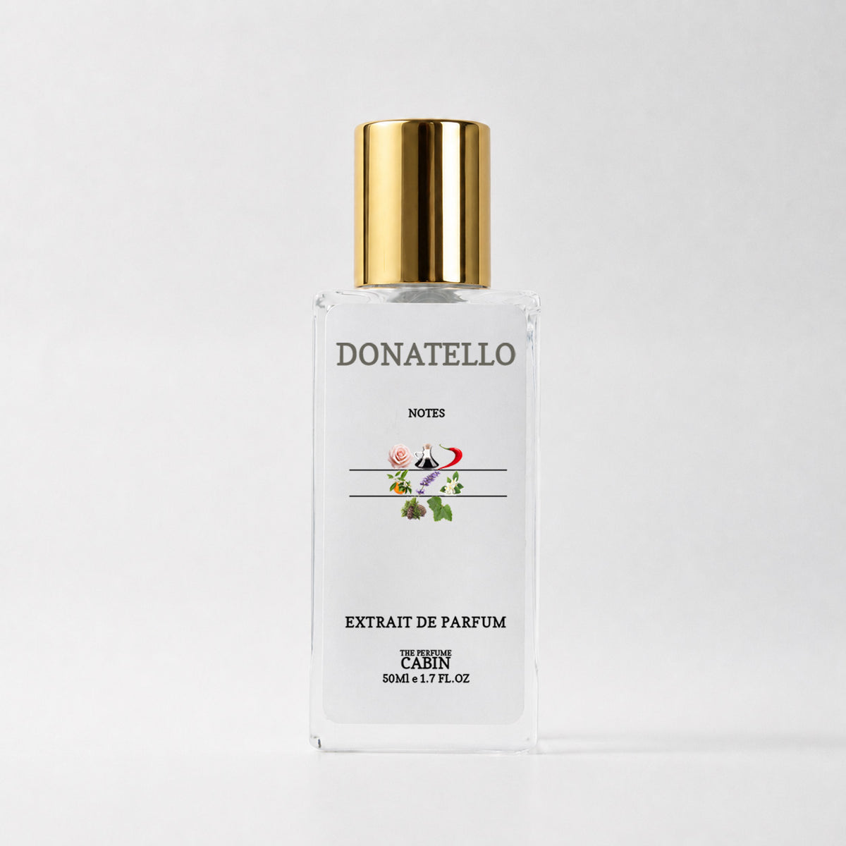DONATELLO extrait de parfum, glass bottle with gold cap on white - fresh lavender over warm patchouli and spice, inspired by Gucci Guilty Pour Homme