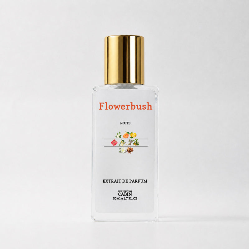 FLOWERBUSH extrait de parfum, glass bottle with gold cap on white - lush white florals, tuberose and jasmine, inspired by Gucci Bloom