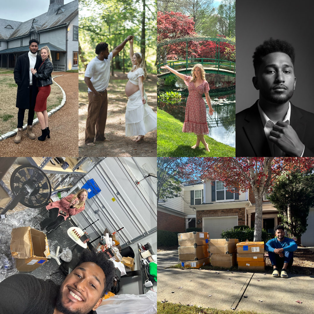 A 2x3 collage of five lifestyle and portrait photos featuring multiple people in outdoor and indoor settings, including a house, a garden pond, a black-and-white portrait, a cluttered room, and a residential driveway with stacked boxes.