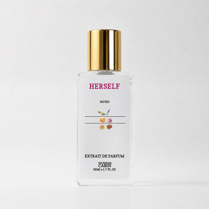 HERSELF extrait de parfum, glass bottle with gold cap on white - a rich trio of vanillas with lavender and cacao, inspired by Burberry Goddess