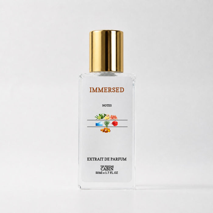 IMMERSED extrait de parfum, glass bottle with gold cap on white - sharp grapefruit and ginger over ambroxan and amber, inspired by Louis Vuitton L'Immensite