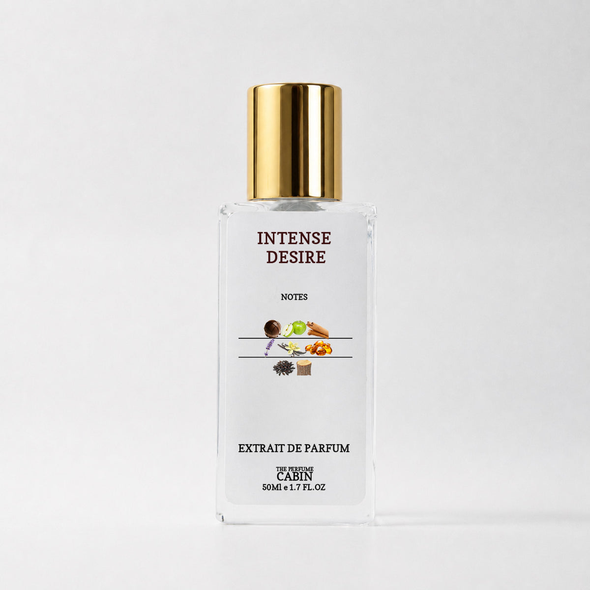 A clear glass bottle of perfume with a shiny gold cap, labeled 'INTENSE DESIRE' by the brand CABIN, on a clean white background.
