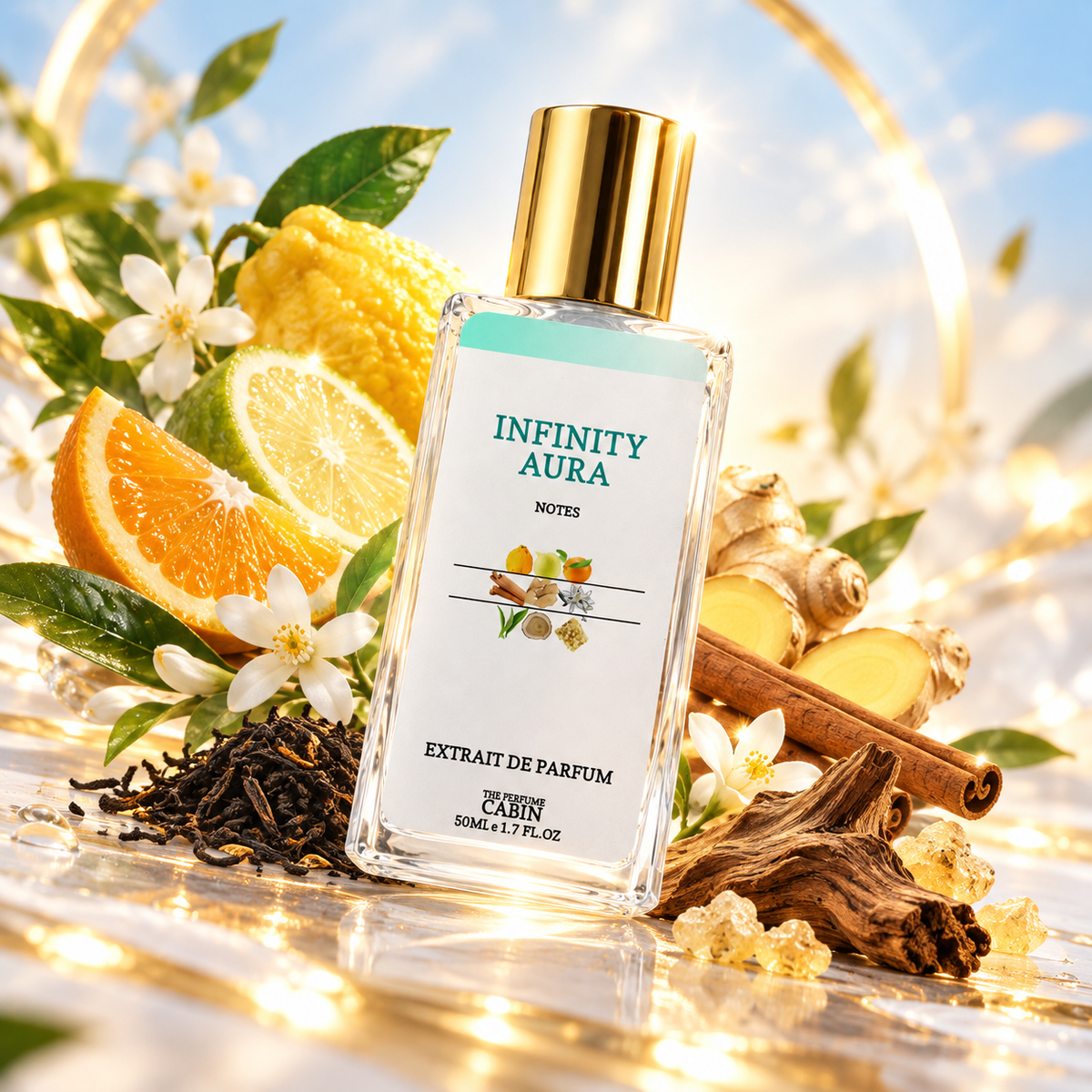 Infinity Aura Perfume Bottle on a background with perfume note 