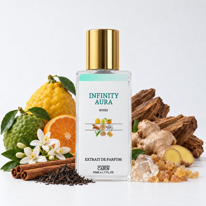fragrance bottle surrounded by his scents notes 