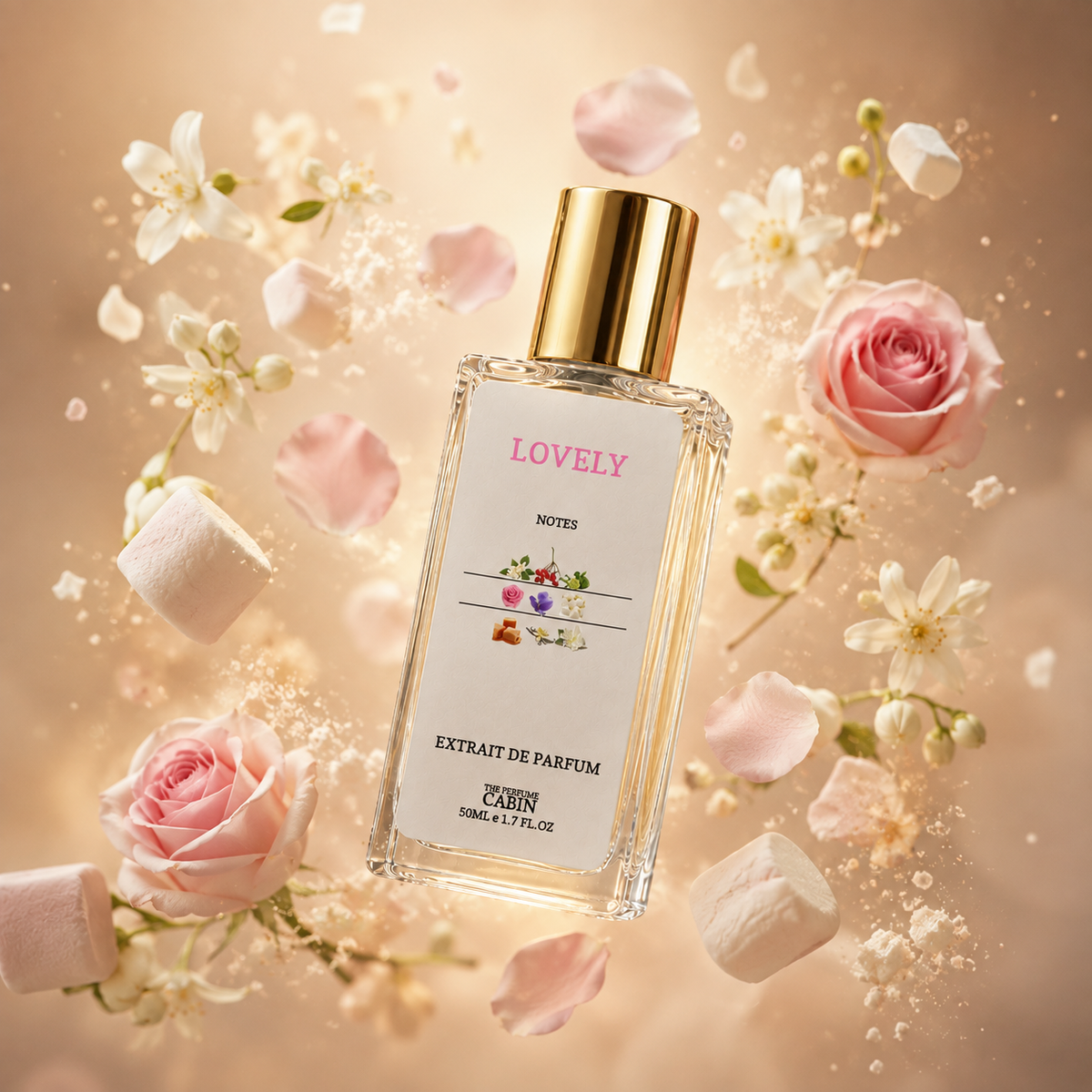 A clear rectangular perfume bottle labeled 'LOVELY' and 'EXTRAIT DE PARFUM' with a gold cap, surrounded by pink roses, petals, and floating flower pieces on a warm beige background. The brand name 'ZHUAN' is visible near the bottom of the bottle.