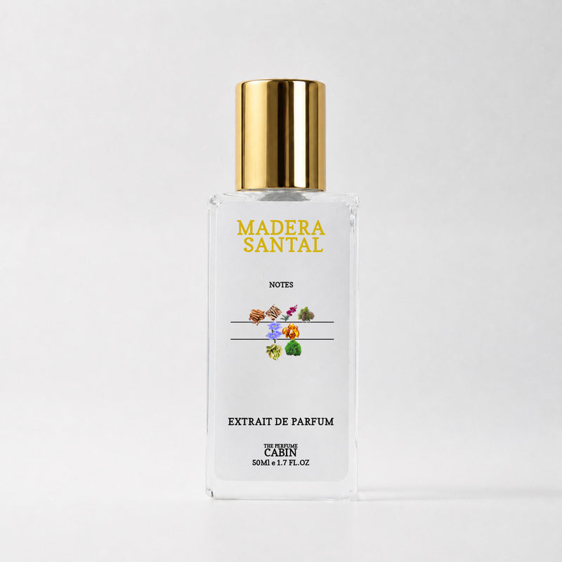 MADERA SANTAL extrait de parfum, glass bottle with gold cap on white - creamy sandalwood, cardamom and leather, inspired by Le Labo Santal 33