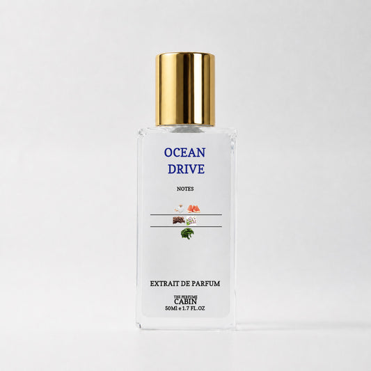 OCEAN DRIVE extrait de parfum, glass bottle with gold cap on white - crisp sea salt and sage over driftwood and mineral musk, inspired by Jo Malone Wood Sage and Sea Salt