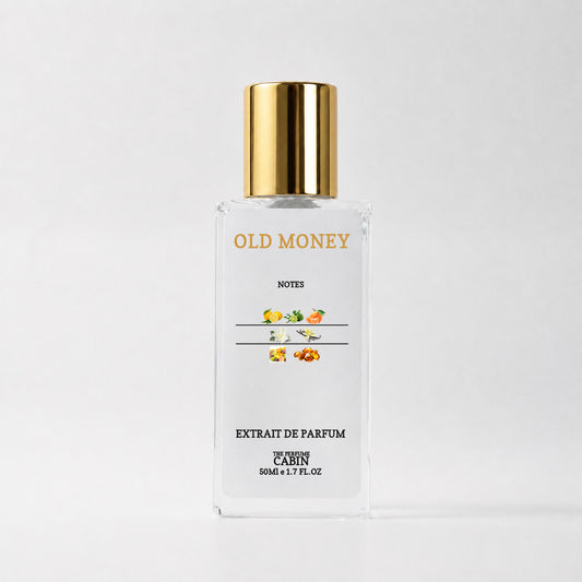 OLD MONEY extrait de parfum, glass bottle with gold cap on white - Sicilian citrus and Mediterranean fruits over white musk and Madagascar vanilla, inspired by Xerjoff Erba Pura