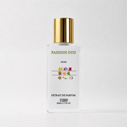 PASSION OUD extrait de parfum, glass bottle with gold cap on white - bright passionfruit and saffron over rich oud, leather and vanilla, inspired by Oud Maracuja