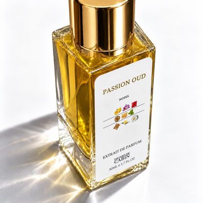 A square glass perfume bottle filled with golden-yellow liquid, topped with a reflective gold cap. The front label reads "PASSION OUD" and "CABIN" with small colorful scent notes illustrations.