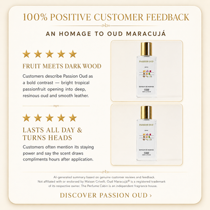 Promotional graphic for Passion Oud Maracuja fragrance by Maison Crévill. The image features customer review text, star ratings, and two product bottles of the Eau de Parfum on a cream-colored background.
