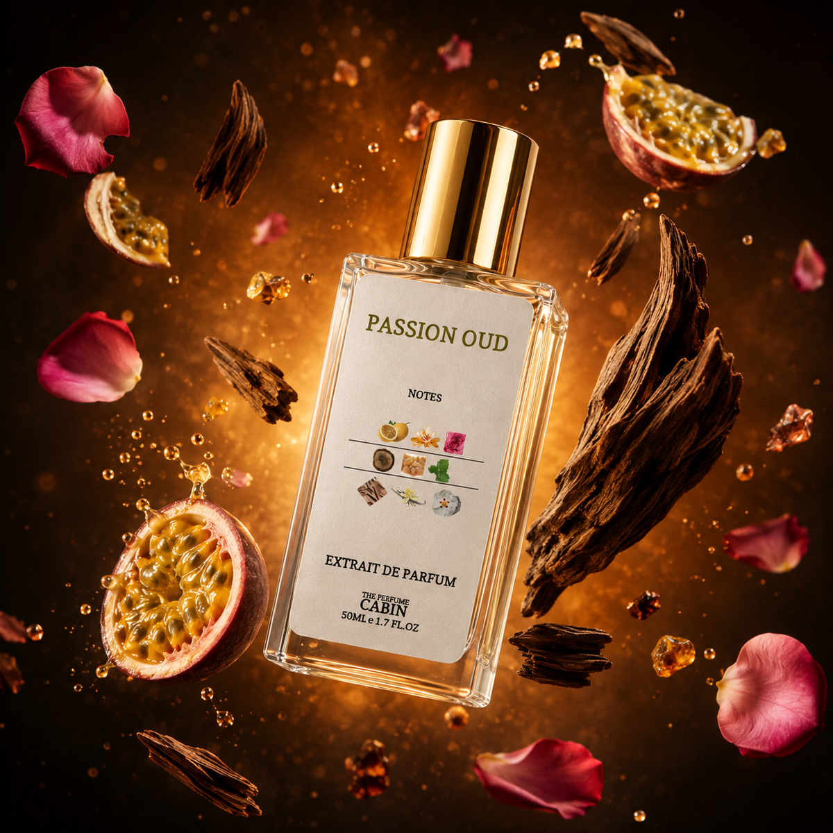 A perfume bottle labeled "PASSION OUD" with a gold cap, surrounded by floating pomegranate seeds, petals, and dark wood pieces on a glowing amber background. The bottle is centered and the product appears to be the perfume itself rather than packaging alone.