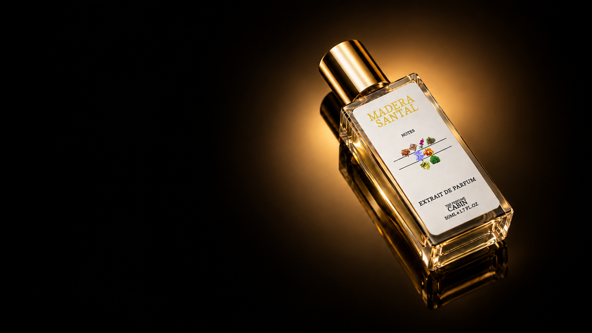 A rectangular glass perfume bottle with a gold cap, labeled 'MADER SANTAL', photographed on a black reflective surface with dramatic warm lighting.
