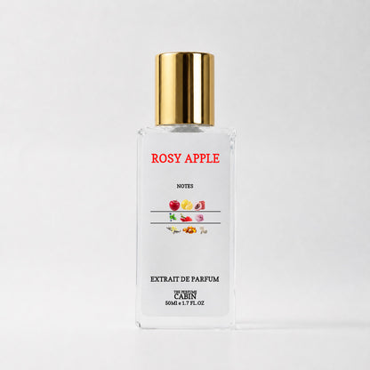 ROSY APPLE extrait de parfum, glass bottle with gold cap on white - crisp red apple, wild berries and jasmine over sugared musk and vanilla, inspired by Kayali Eden Juicy Apple