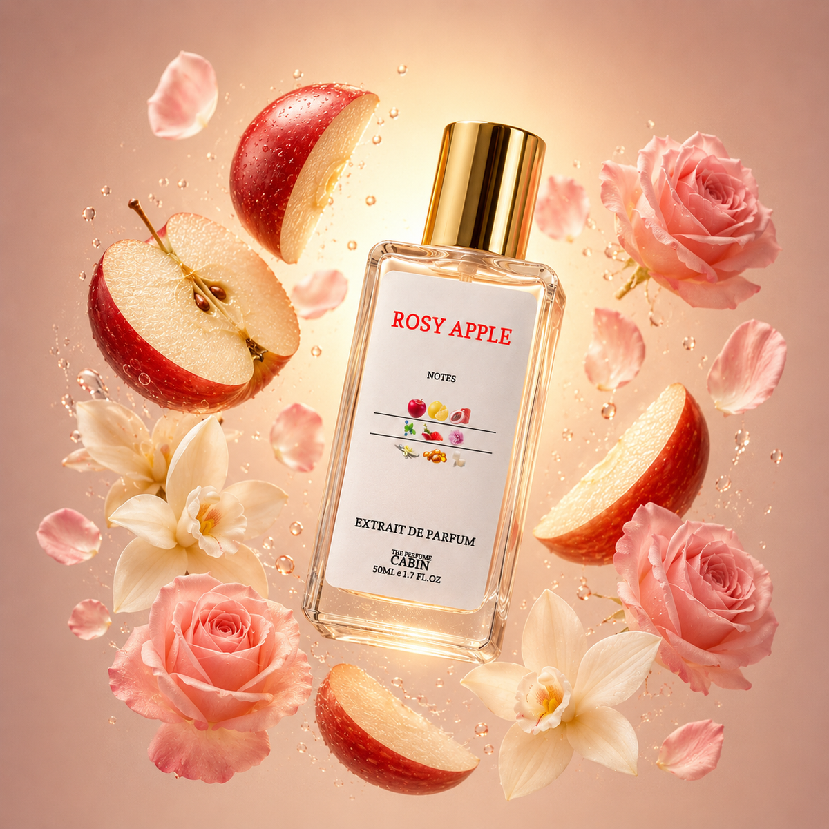 A bottle of Caron Rosy Apple Extrait de Parfum is centered, surrounded by floating pink roses, apple slices, and white flowers against a warm peach background.