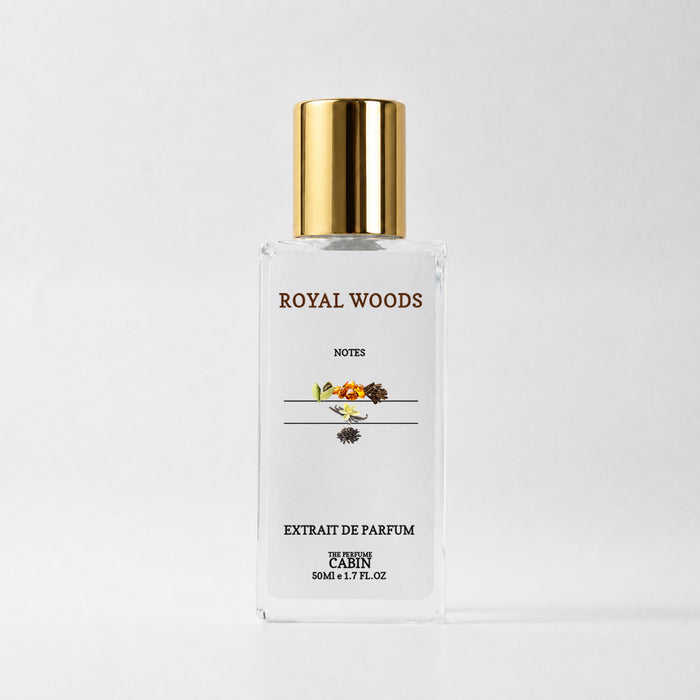 ROYAL WOODS extrait de parfum, glass bottle with gold cap on white - rosewood and cardamom over rare oud, sandalwood and vanilla, inspired by Tom Ford Oud Wood