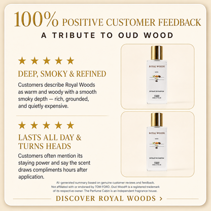 Promotional graphic for Royal Wood scent by Perfume Cabin, featuring customer feedback text, star ratings, and two small product bottle images on a cream background.