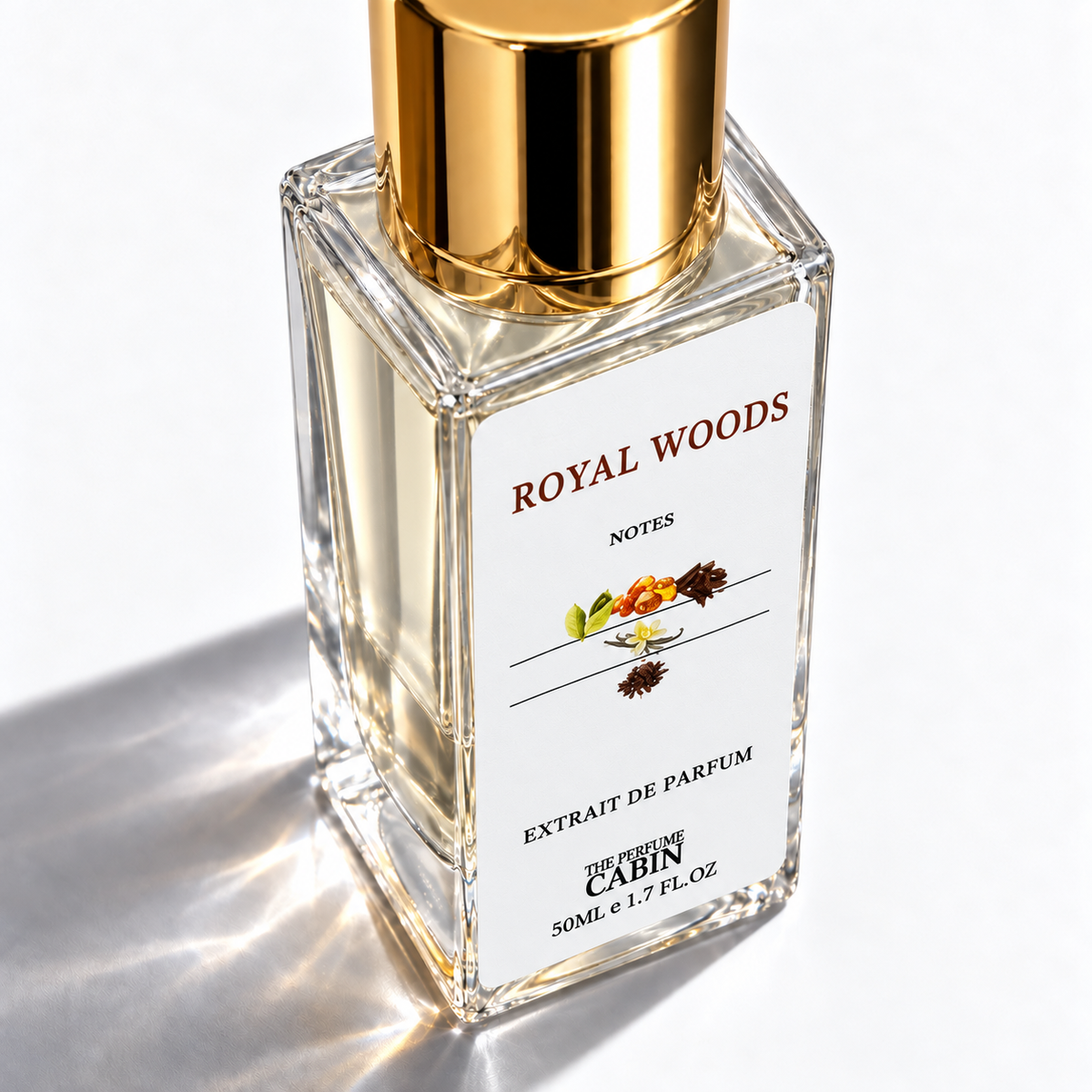 A clear glass perfume bottle with a shiny gold cap and a white label reading 'ROYAL WOODS NOTES' and 'EXTRAIT DE PARFUM'. The bottle is photographed on a bright white background with strong sunlight and shadows.