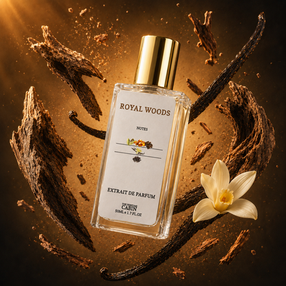 A rectangular glass bottle of Royal Woods Extrait de Parfum by Carin, featuring a white label and a shiny gold cap, surrounded by dark vanilla beans, wood pieces, and a vanilla flower on a dark brown background.