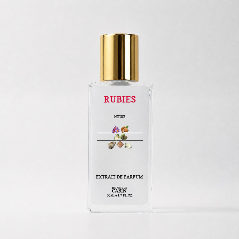 RUBIES extrait de parfum, glass bottle with gold cap on white - saffron and jasmine over ambery cedarwood, inspired by Maison Francis Kurkdjian Baccarat Rouge 540