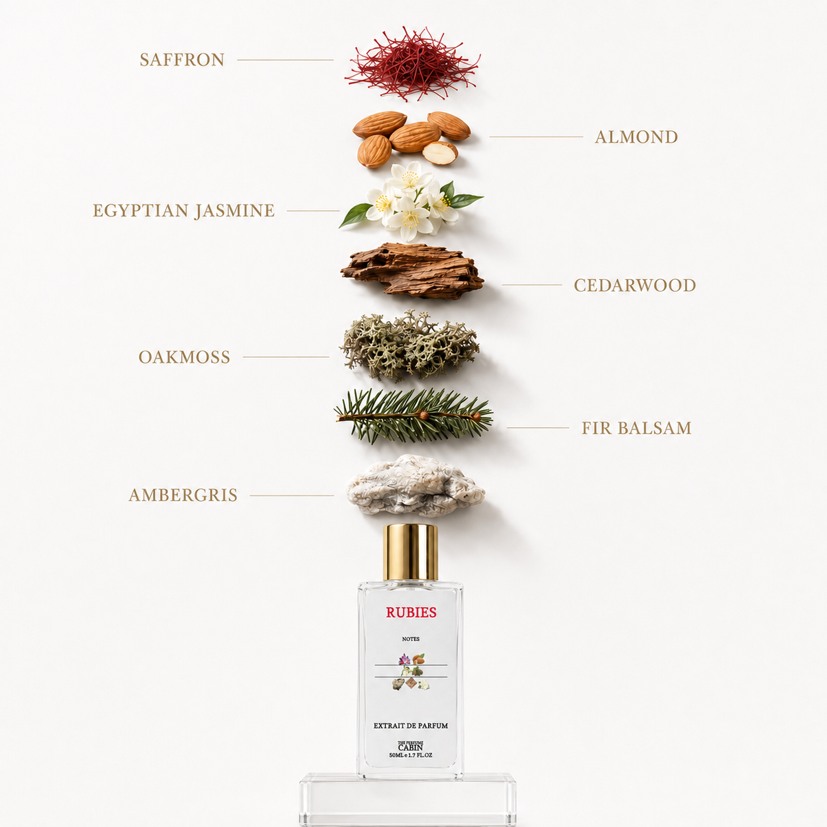 A perfume bottle labeled KUBIES Extrait de Parfum stands on a clear acrylic base against a white background, with ingredient names and small ingredient photos stacked above it: saffron, almond, Egyptian jasmine, cedarwood, oakmoss, fir balsam, and ambergris.