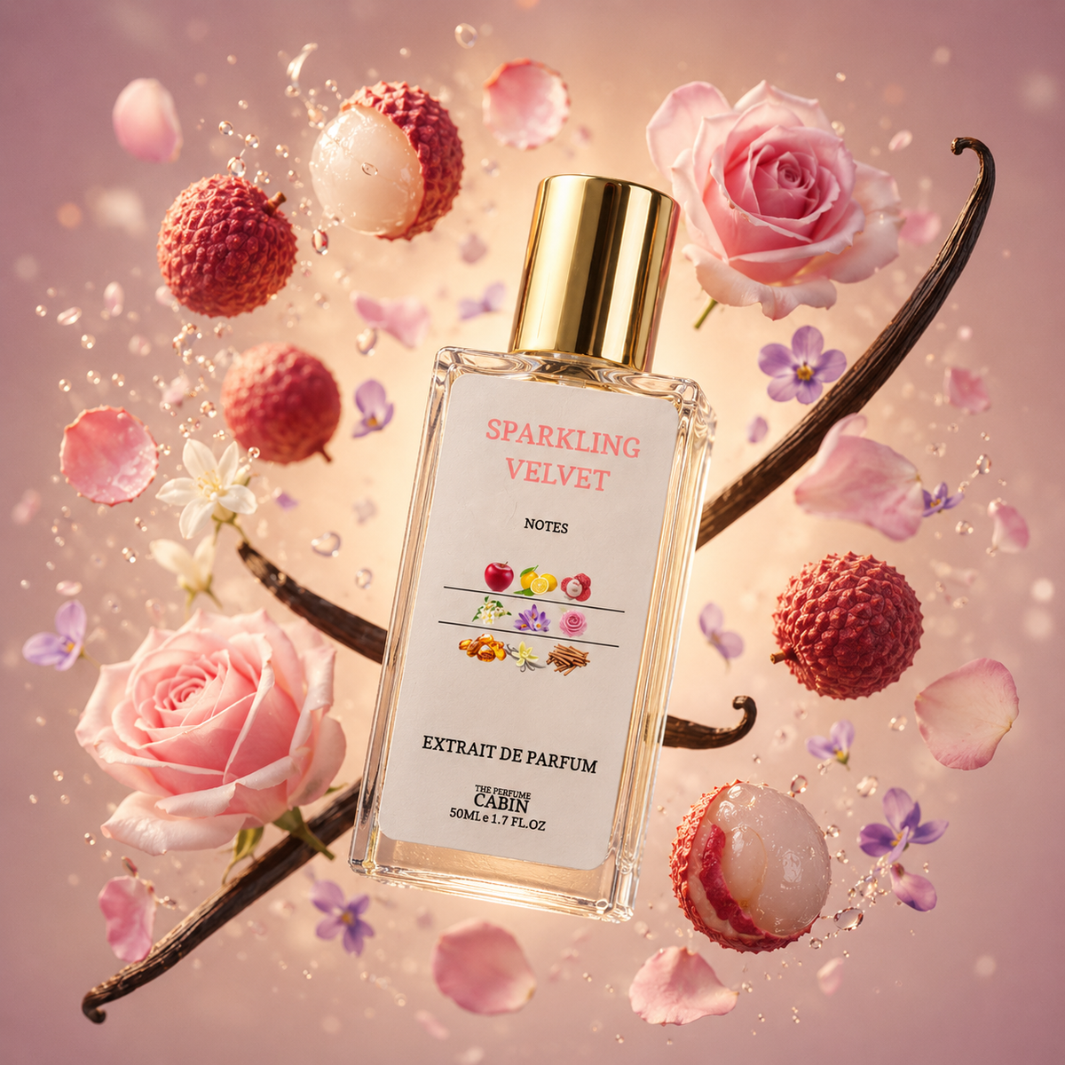 A perfume bottle labeled 'SPARKLING VELVET' with a gold cap, surrounded by pink roses, lychee fruits, vanilla pods, and petals on a soft pink background. The brand name 'CABIN' is visible on the bottle.
