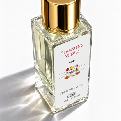 A 50ml glass bottle of Cabin Notes 'Sparkling Velvet' extrait de parfum, featuring a reflective gold cap and a white label with red and black text, set against a bright white background with soft shadows.