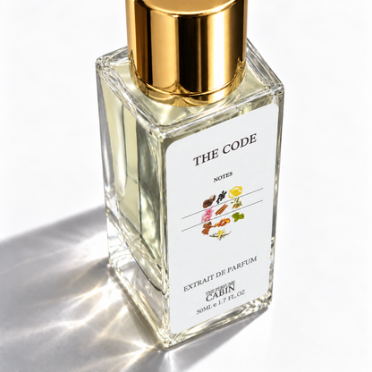 A clear glass perfume bottle with a reflective gold cap and a white label reading 'THE CODE' and 'CABIN', photographed on a bright white background with soft sunlight and shadows.