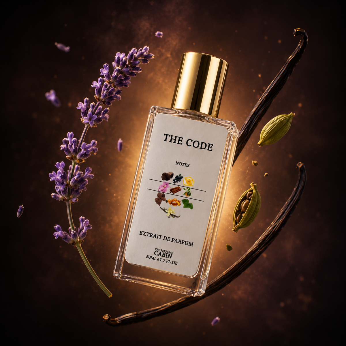 A clear rectangular perfume bottle with a shiny gold cap and a white label reading 'THE CODE NOTES EXTRAIT DE PARFUM' and 'CABIN', styled with lavender sprigs, vanilla pods, and spices on a dark brown background.