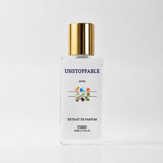 UNSTOPPABLE extrait de parfum, glass bottle with gold cap on white - marine grapefruit over ambery woods, inspired by Paco Rabanne Invictus