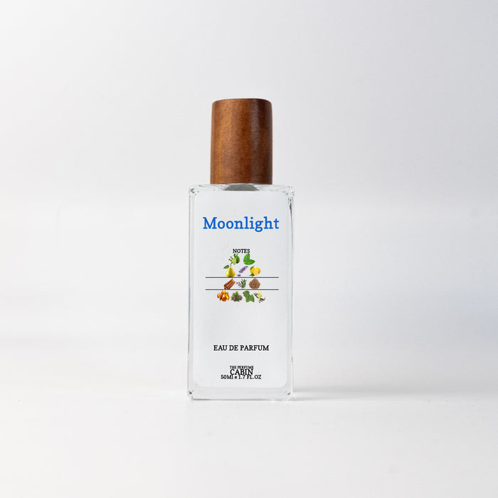 MOONLIGHT extrait de parfum, glass bottle with gold cap on white - fresh mint and orange blossom over warm vanilla and patchouli, inspired by JPG Ultra Male