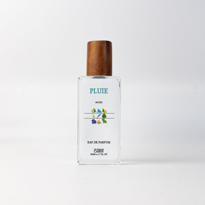 PLUIE extrait de parfum, glass bottle with gold cap on white - marine aquatic freshness over citrus and warm woods, inspired by Acqua di Gio