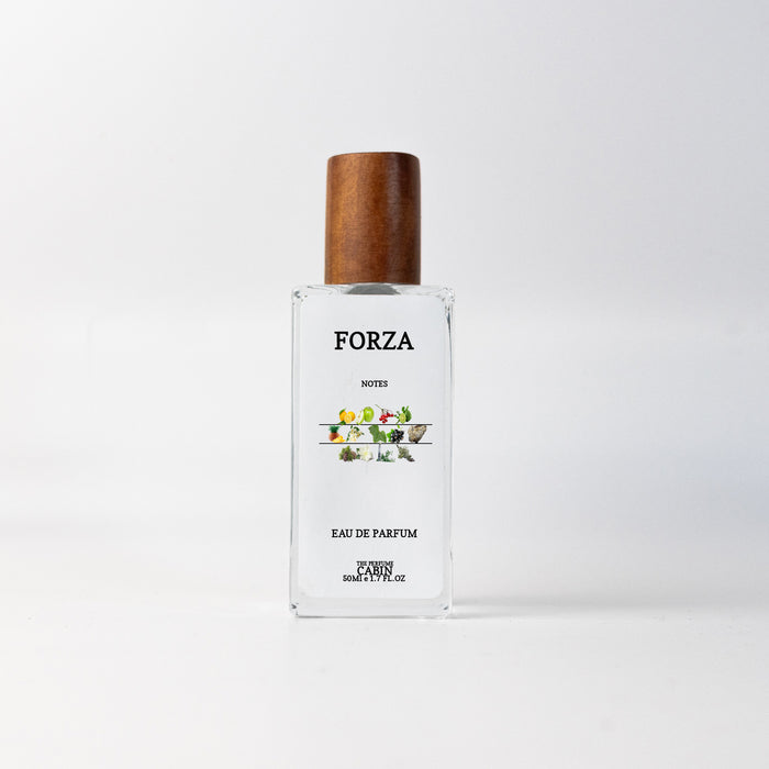 FORZA extrait de parfum, glass bottle with gold cap on white - juicy pineapple, blackcurrant and birch with smoky woody depth, inspired by Aventus