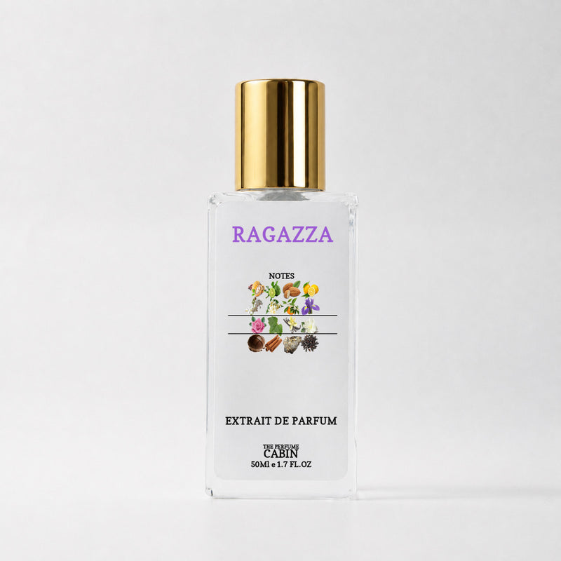 RAGAZZA extrait de parfum, glass bottle with gold cap on white - sweet tonka bean and jasmine over warm woods, inspired by Carolina Herrera Good Girl