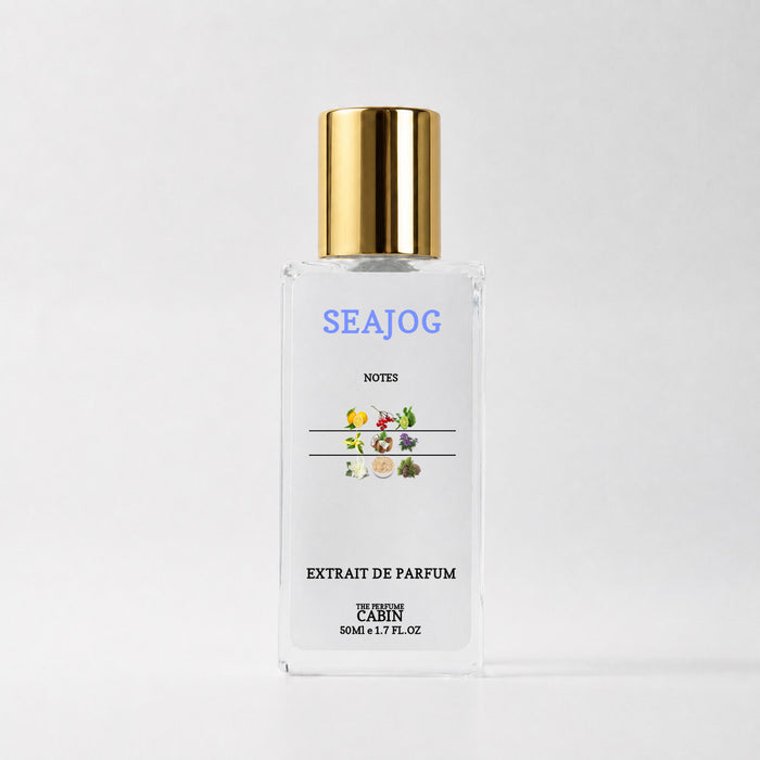 SEAJOG extrait de parfum, glass bottle with gold cap on white - bergamot and coconut milk over ylang ylang and musk, inspired by Maison Margiela Beach Walk