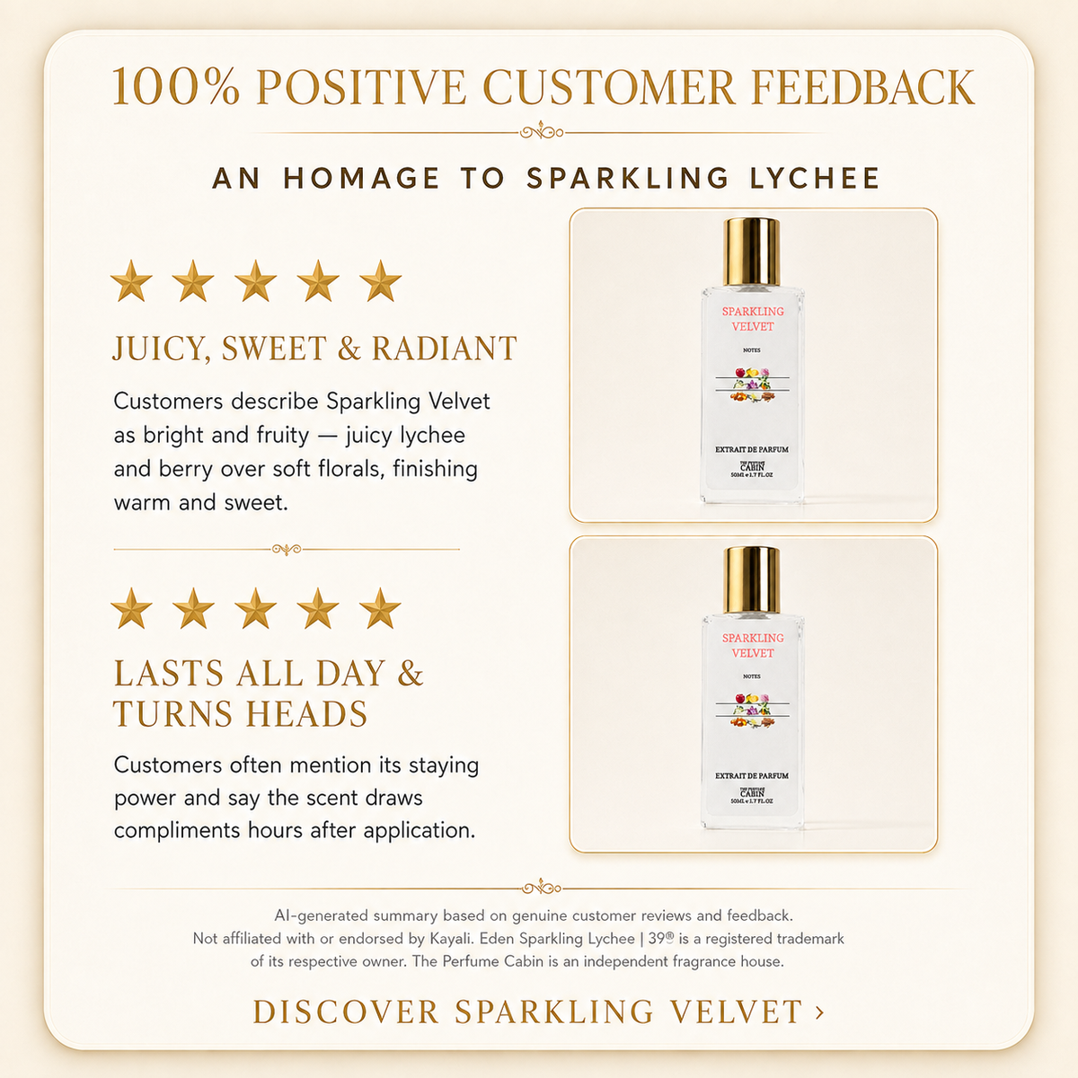 Promotional graphic for Sparkling Velvet perfume by Perfume Cabin, featuring customer feedback text, star ratings, and two product bottle images on a cream background.