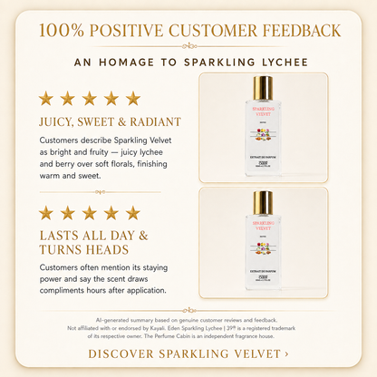 Promotional graphic for Sparkling Velvet perfume by Perfume Cabin, featuring customer feedback text, star ratings, and two product bottle images on a cream background.