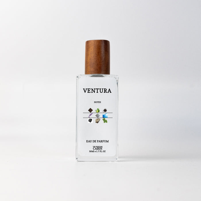 VENTURA extrait de parfum, glass bottle with gold cap on white - crisp aromatic freshness over warm ambery woods, inspired by Prada Luna Rossa Carbon