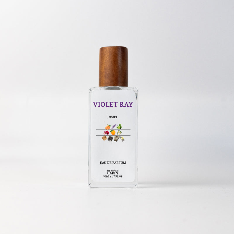 VIOLET RAY extrait de parfum, glass bottle with gold cap on white - lavender and orange blossom over musky woody depth, inspired by YSL Libre Intense